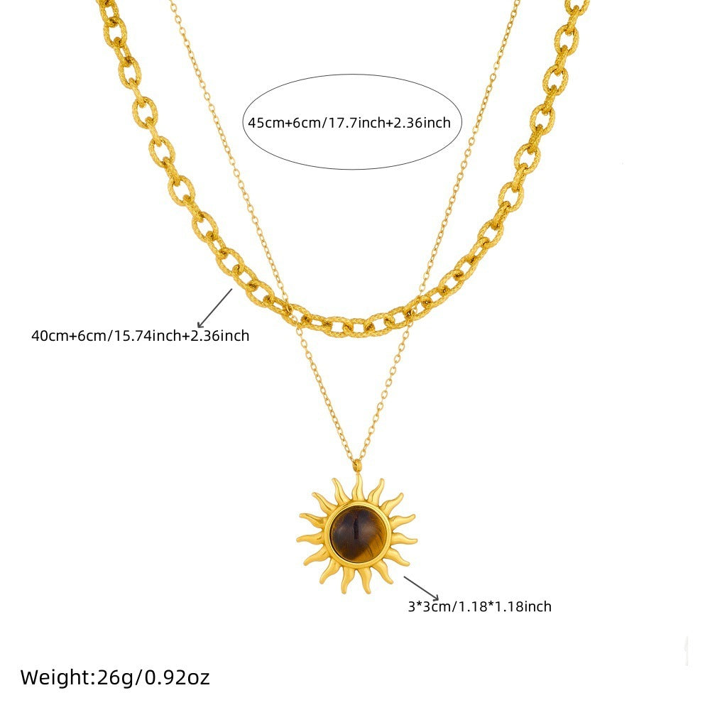 Retro Tigereye Sun Pendant Double Layer Twin Stainless Steel Metal Necklace
