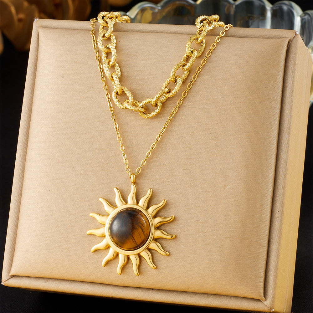 Retro Tigereye Sun Pendant Double Layer Twin Stainless Steel Metal Necklace