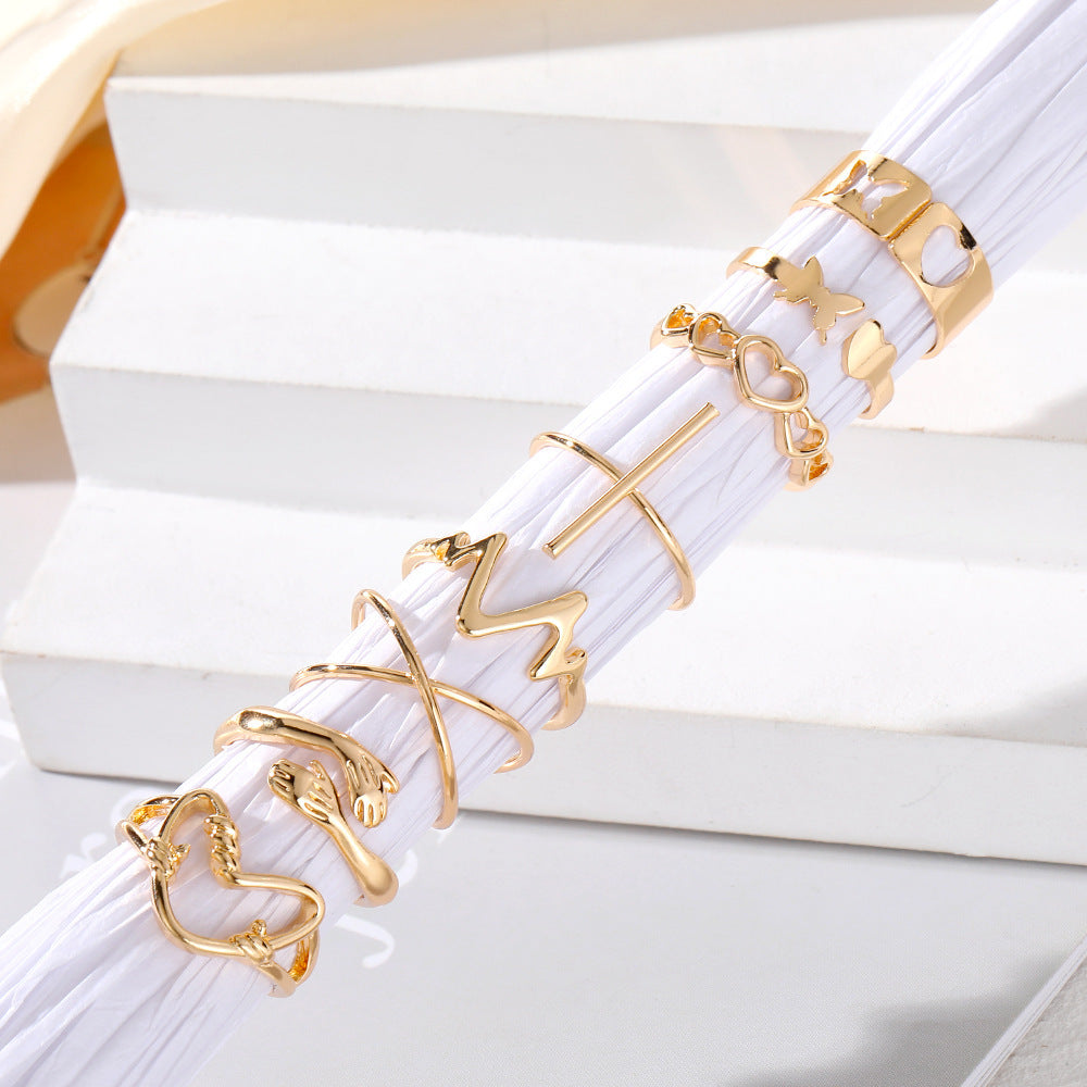 Cross Love Hug Heart Wide Ring Set