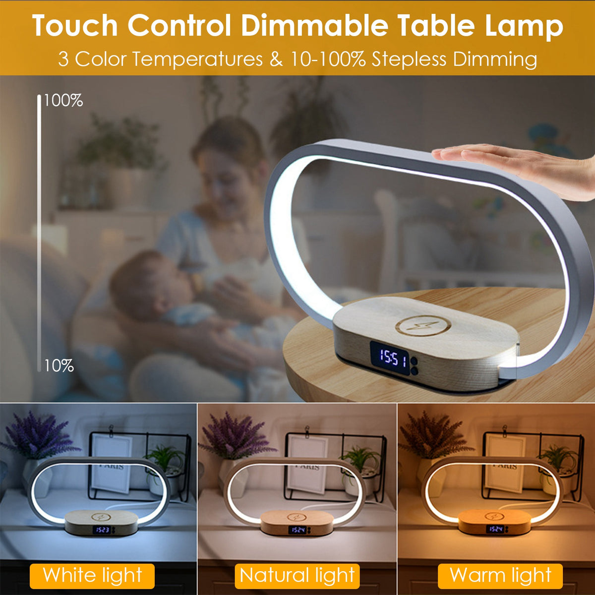 Bedside Lamp with Clock & Wireless Charger - gift idea (3)