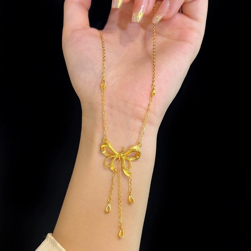 Gold Bow & Heart Tassel Necklace