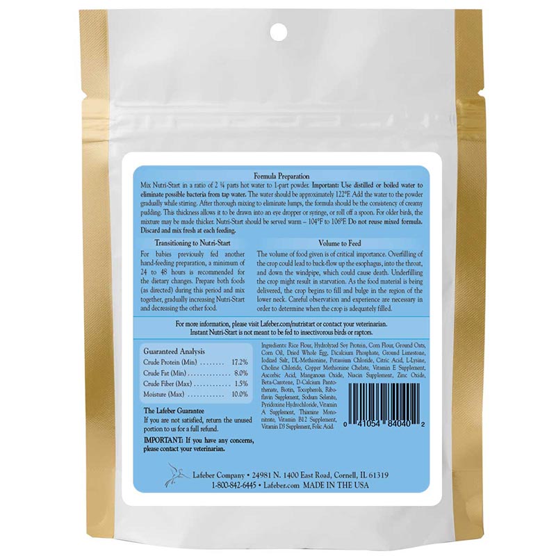 Lafeber Instant Nutri-Start mixing directions and feeding schedule