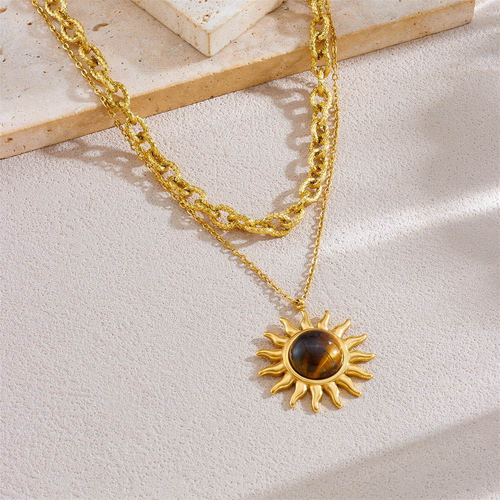 Retro Tigereye Sun Pendant Double Layer Twin Stainless Steel Metal Necklace
