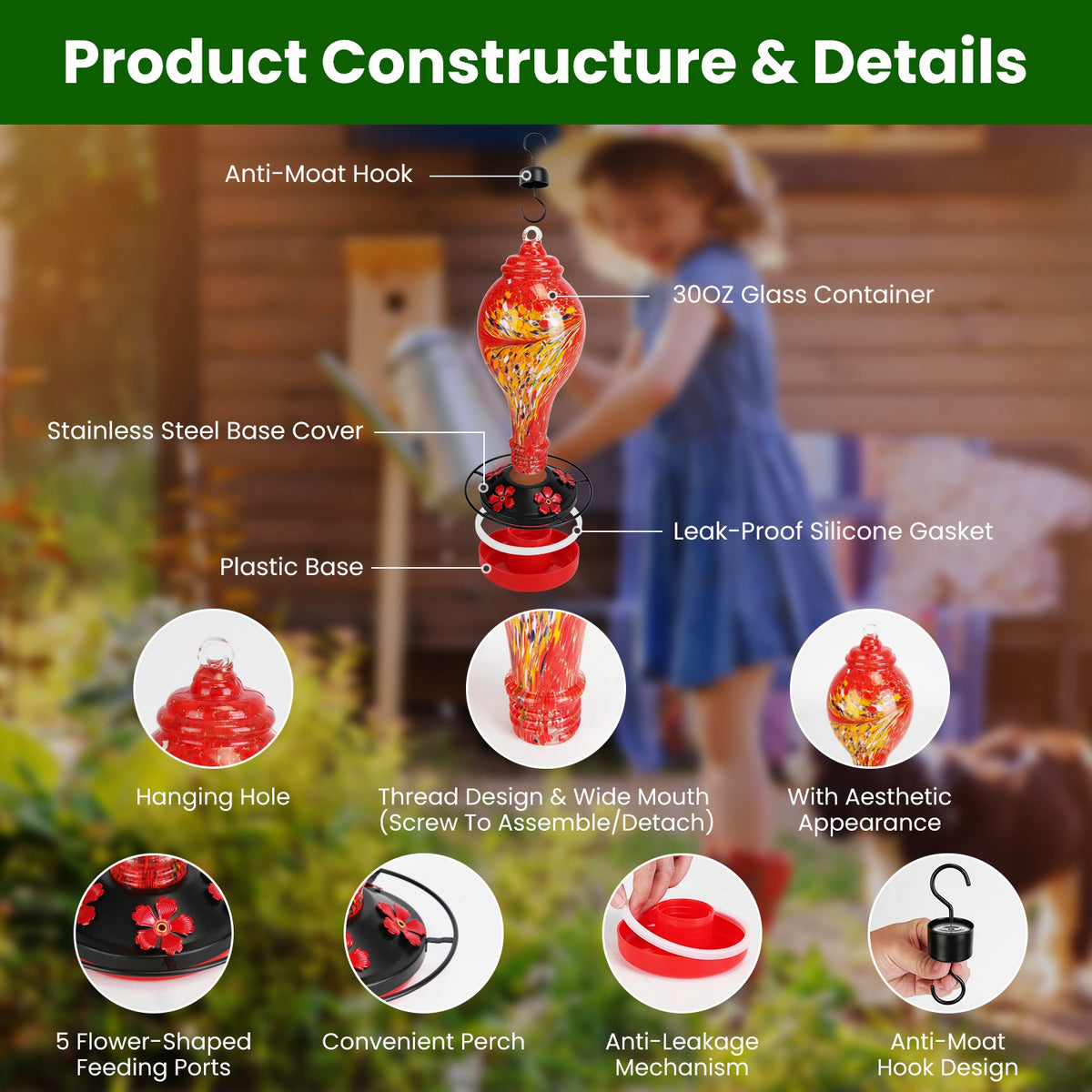 Hand-Blown Glass Hummingbird Feeder - gift idea (10)