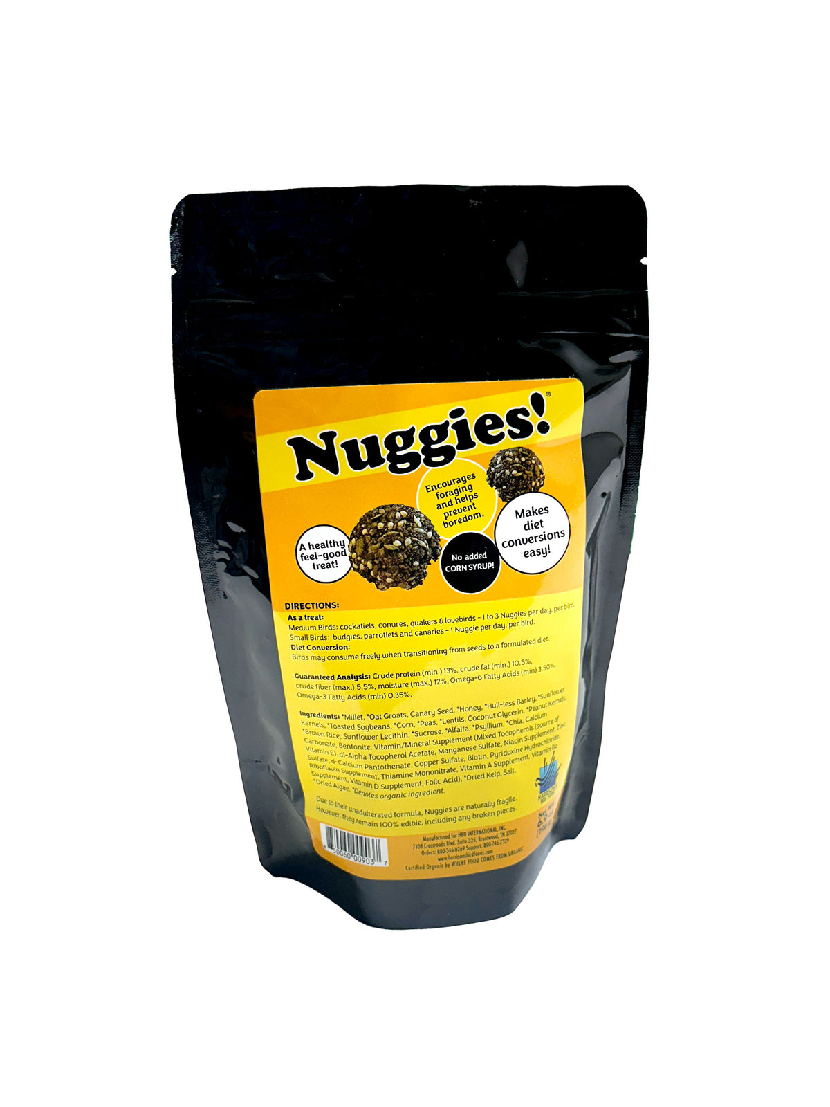 Harrison's Nuggies ingredients and feeding guide panel