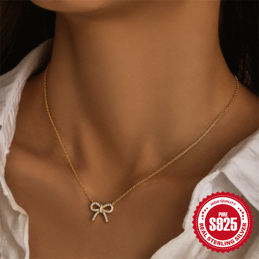 S925 Silver Diamond Bow Necklace