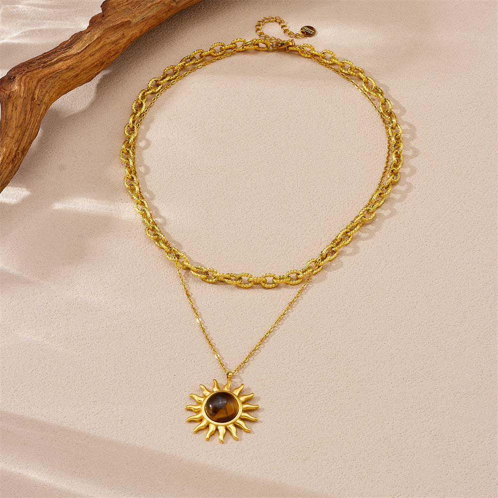 Retro Tigereye Sun Pendant Double Layer Twin Stainless Steel Metal Necklace