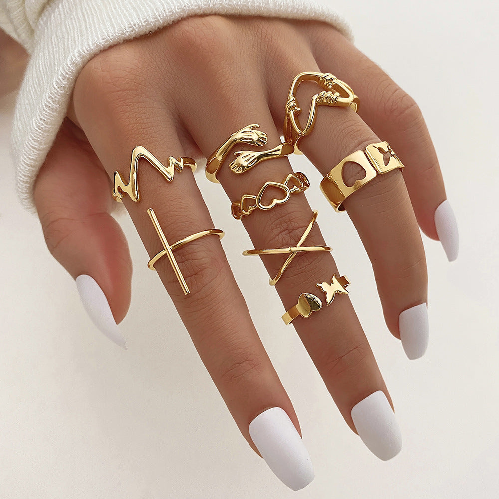 Cross Love Hug Heart Wide Ring Set