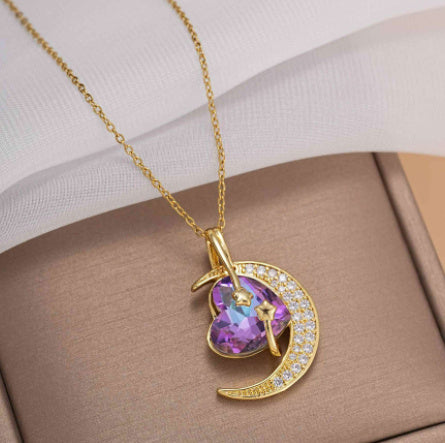 Titanium Steel Color Retaining Star And Moon With Stylish Pendant Necklace