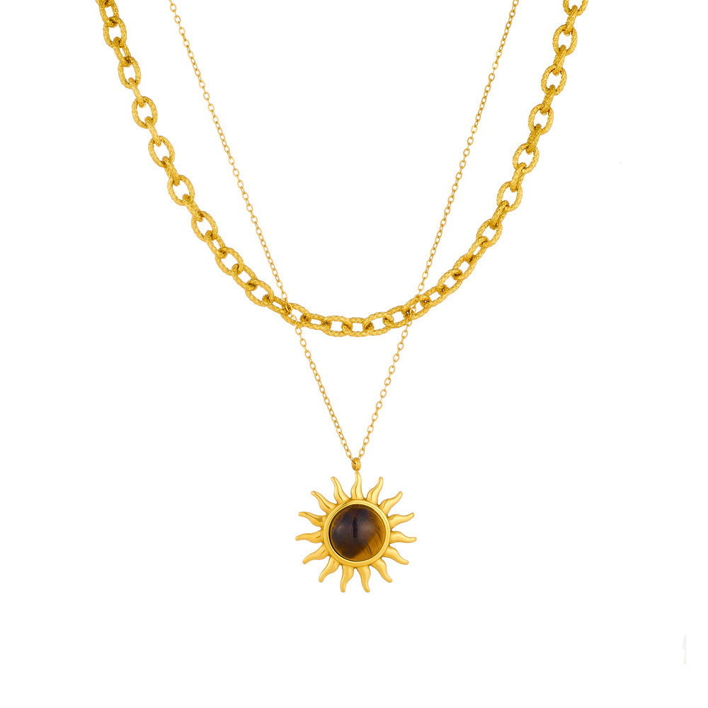 Retro Tigereye Sun Pendant Double Layer Twin Stainless Steel Metal Necklace