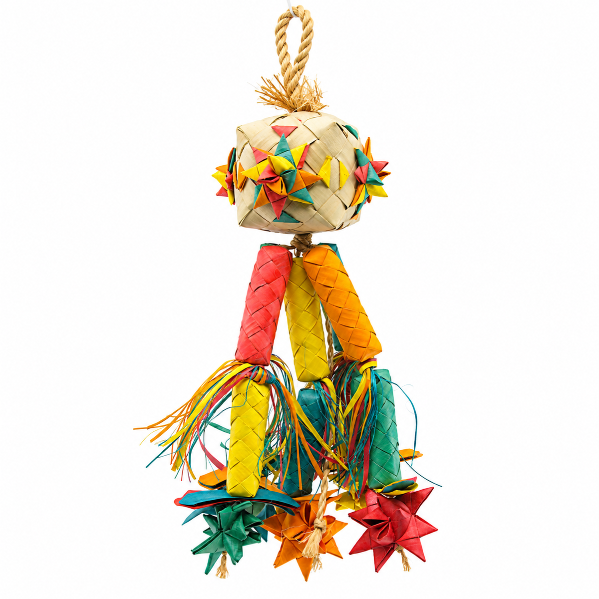 Planet Pleasures Firecracker Bird Toy — Long Hanging Palm Shredder for Parrots