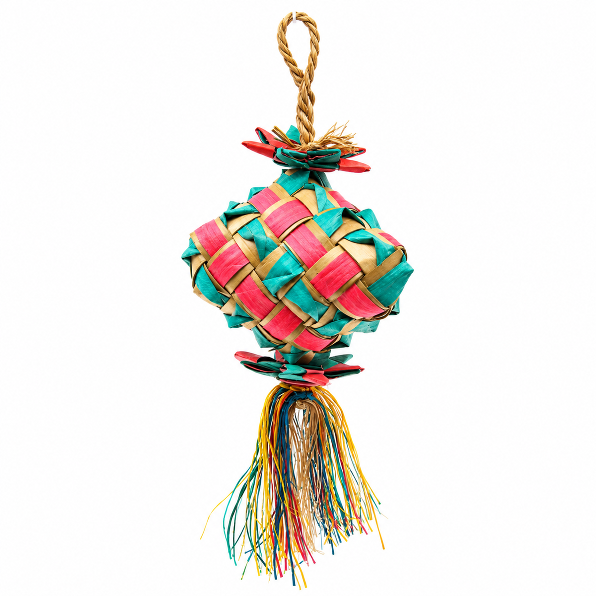 Planet Pleasures Diamond Bird Toy — Woven Palm Hanging Chew for Parrots