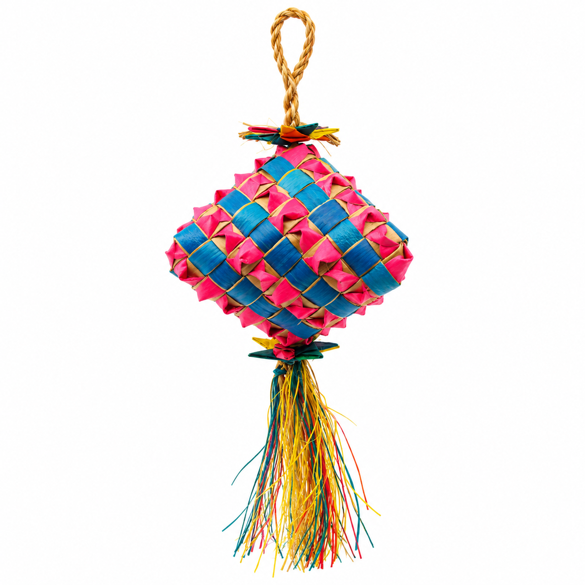 Planet Pleasures Diamond Bird Toy — Woven Palm Hanging Chew for Parrots