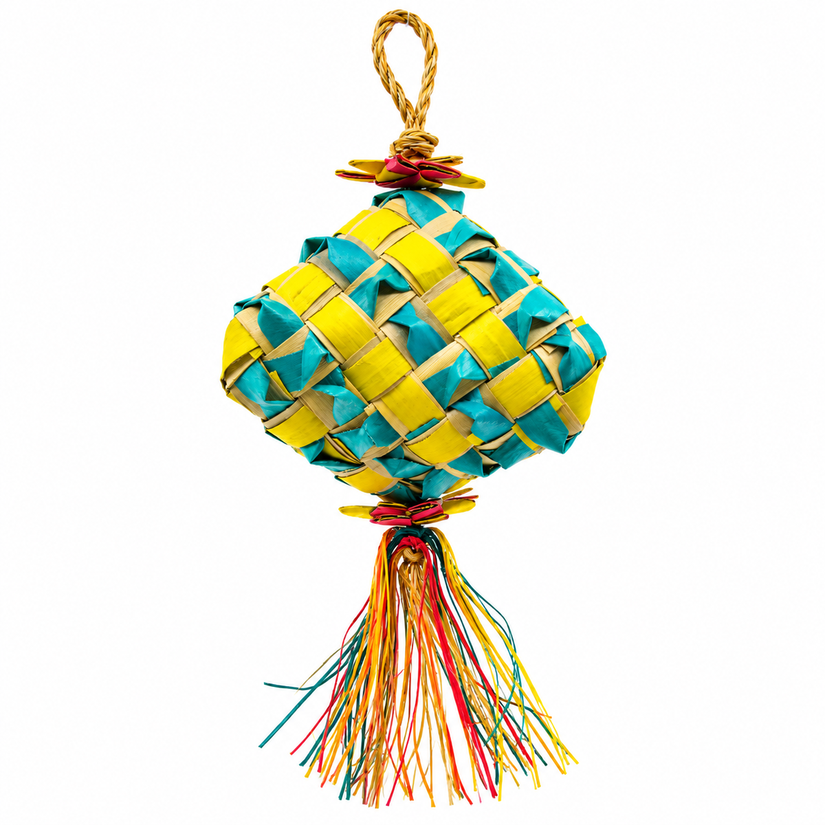 Planet Pleasures Diamond Bird Toy — Woven Palm Hanging Chew for Parrots