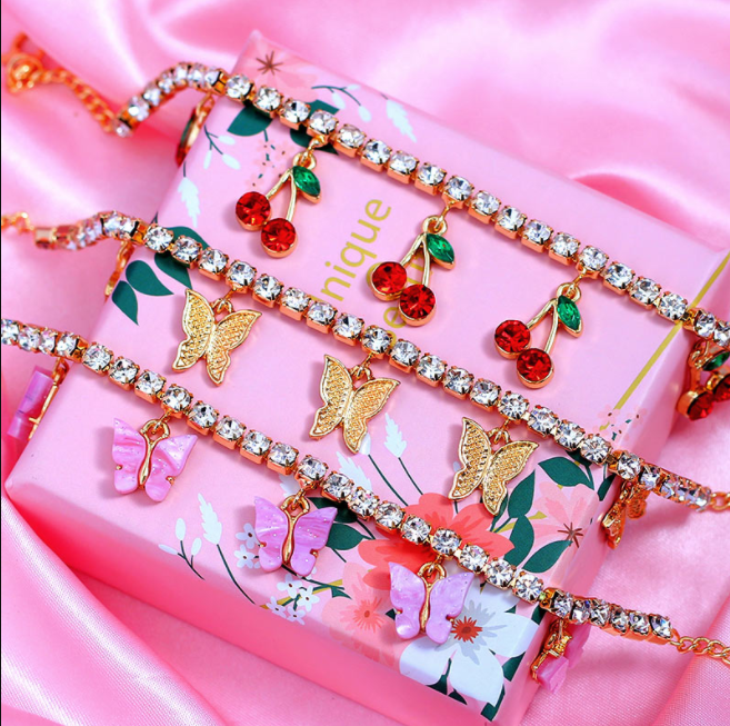 Butterfly & Cherry Rhinestone Anklets